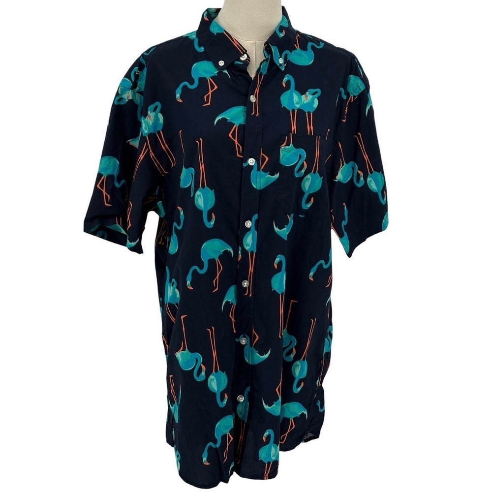Old Navy Men's‎ L Tall Short Sleeve Button Up Shirt Navy Flamingo Print